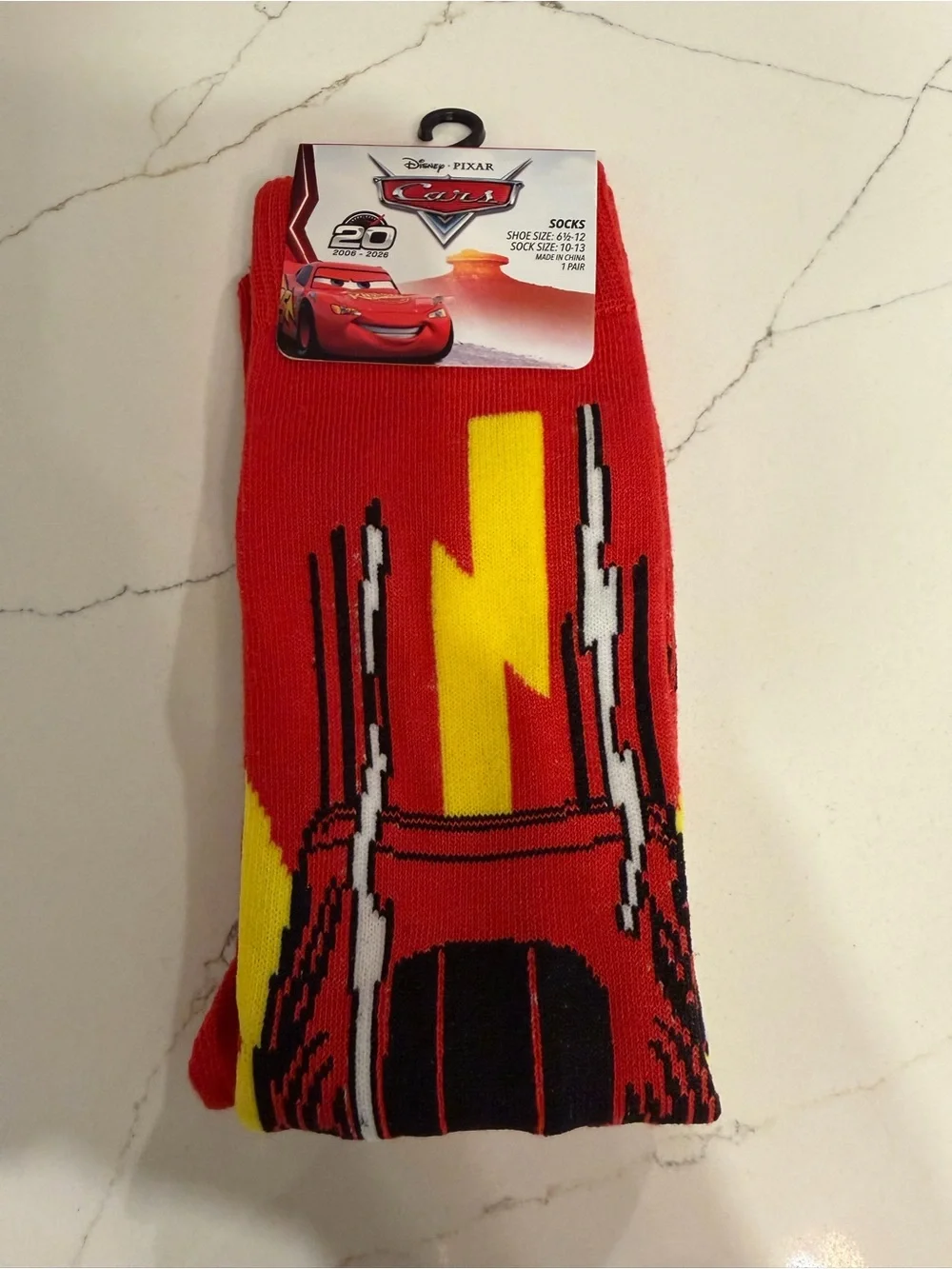 NWT Disney Pixar Cars Lightning McQueen Crew Socks 1 Pair - Men Shoe Size 6.5-12